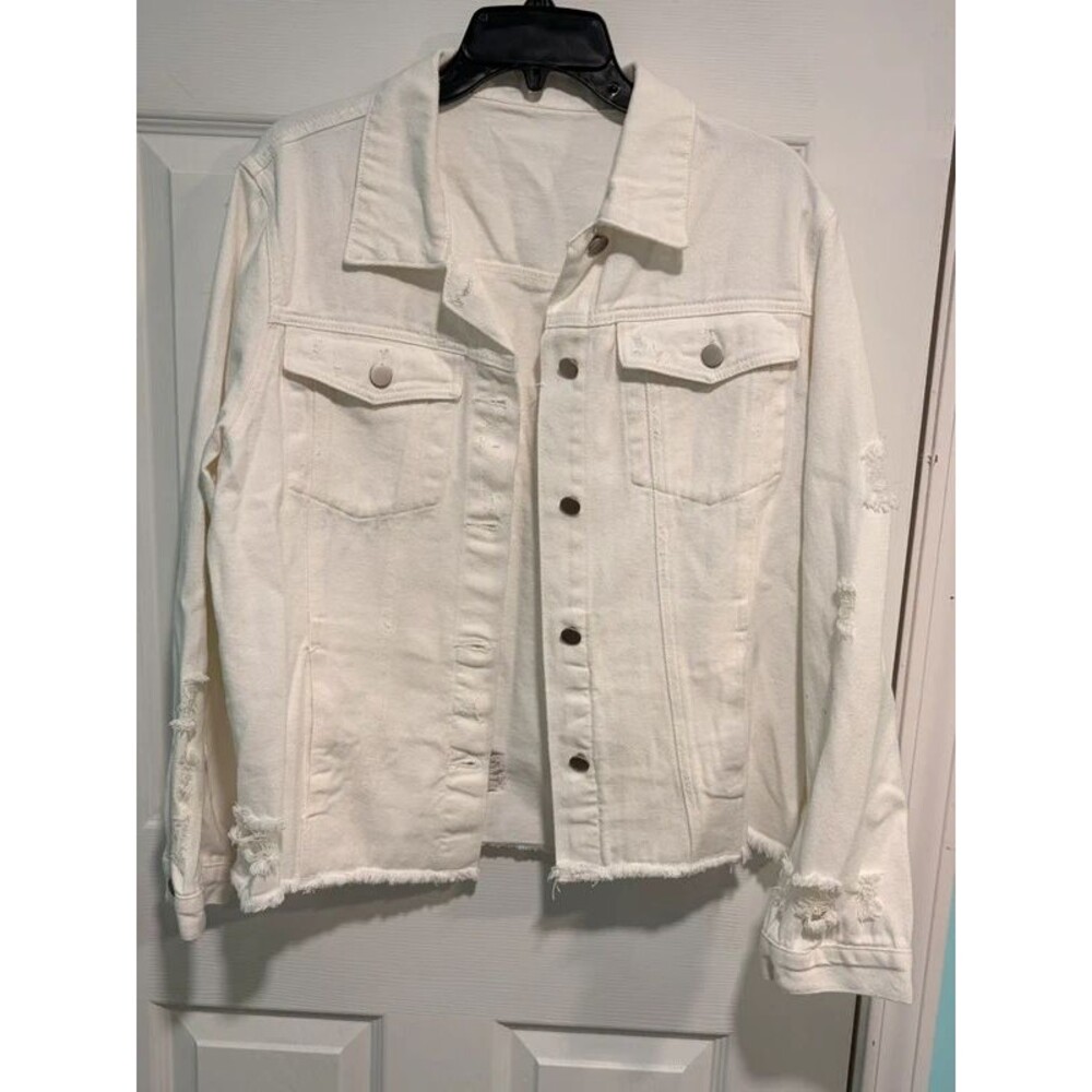 Distressed White Denim Jacket XL